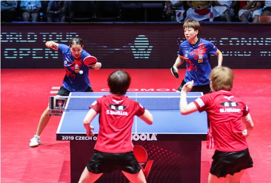 8月24日，中国组合顾玉婷（上左）/木子（上右）在比赛中。